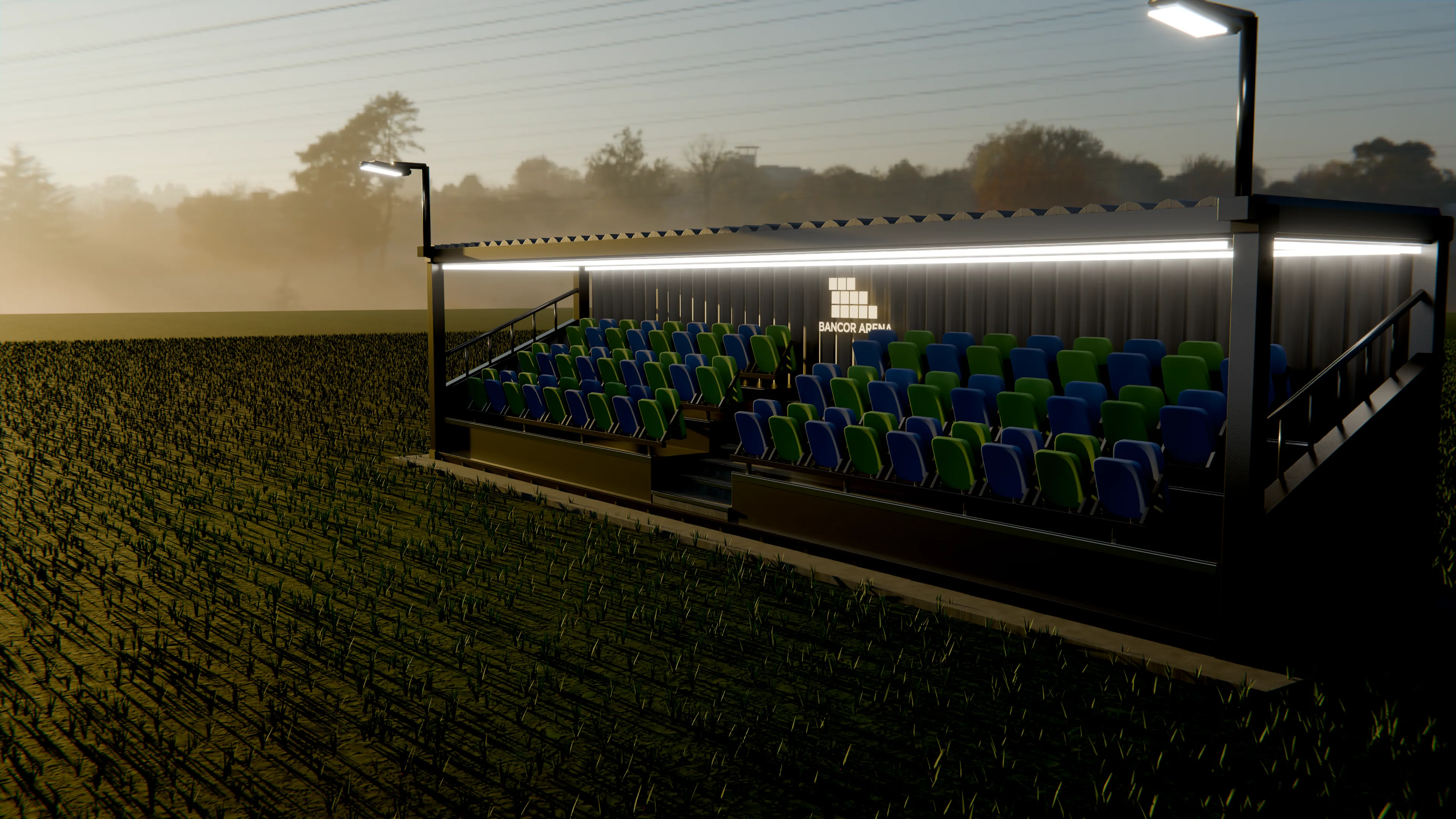 Tribuna Bancor Arena al atardecer en un predio deportivo